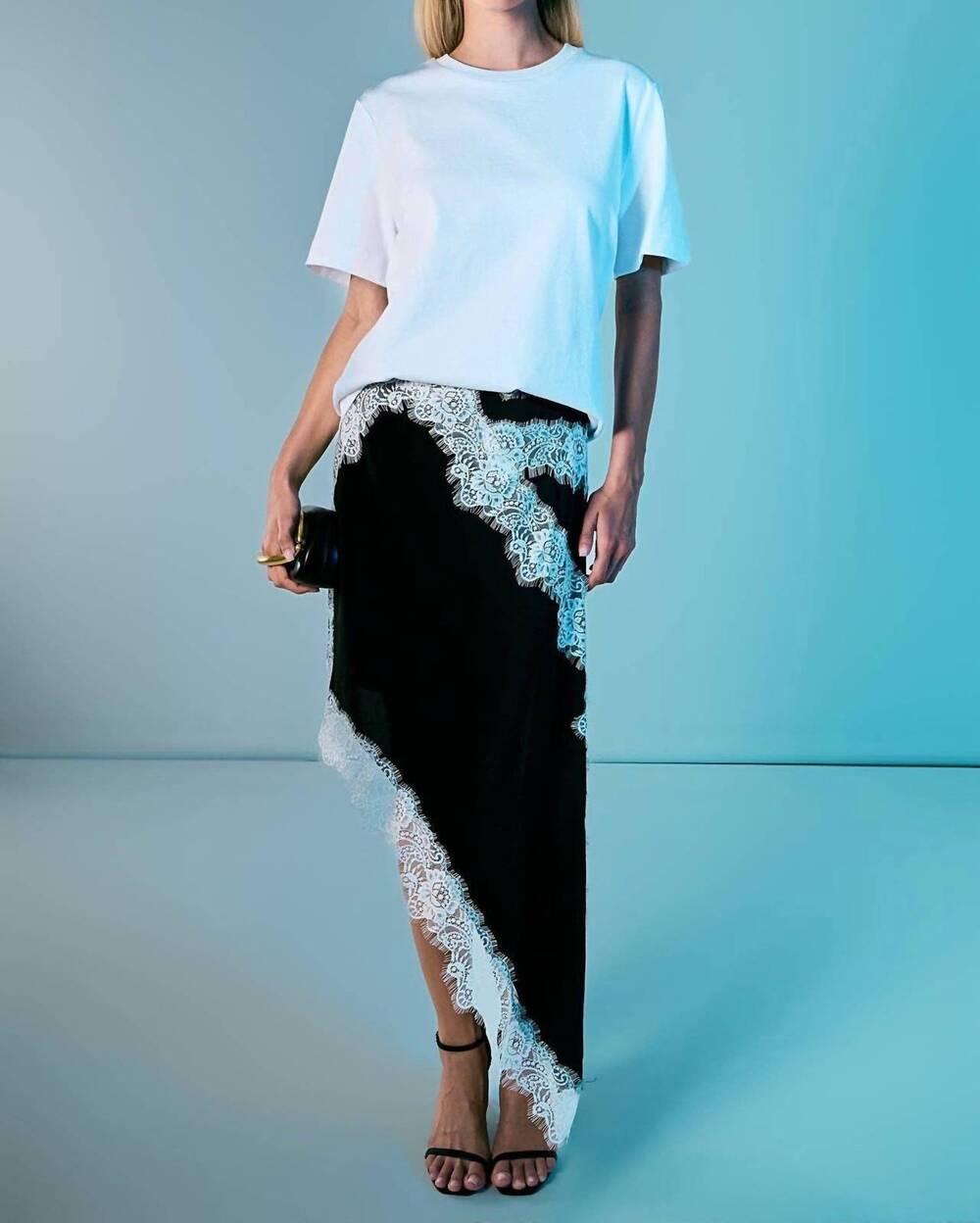 NEW ENDLESS ROSE asymmetrical lace trim midi skirt in black/white